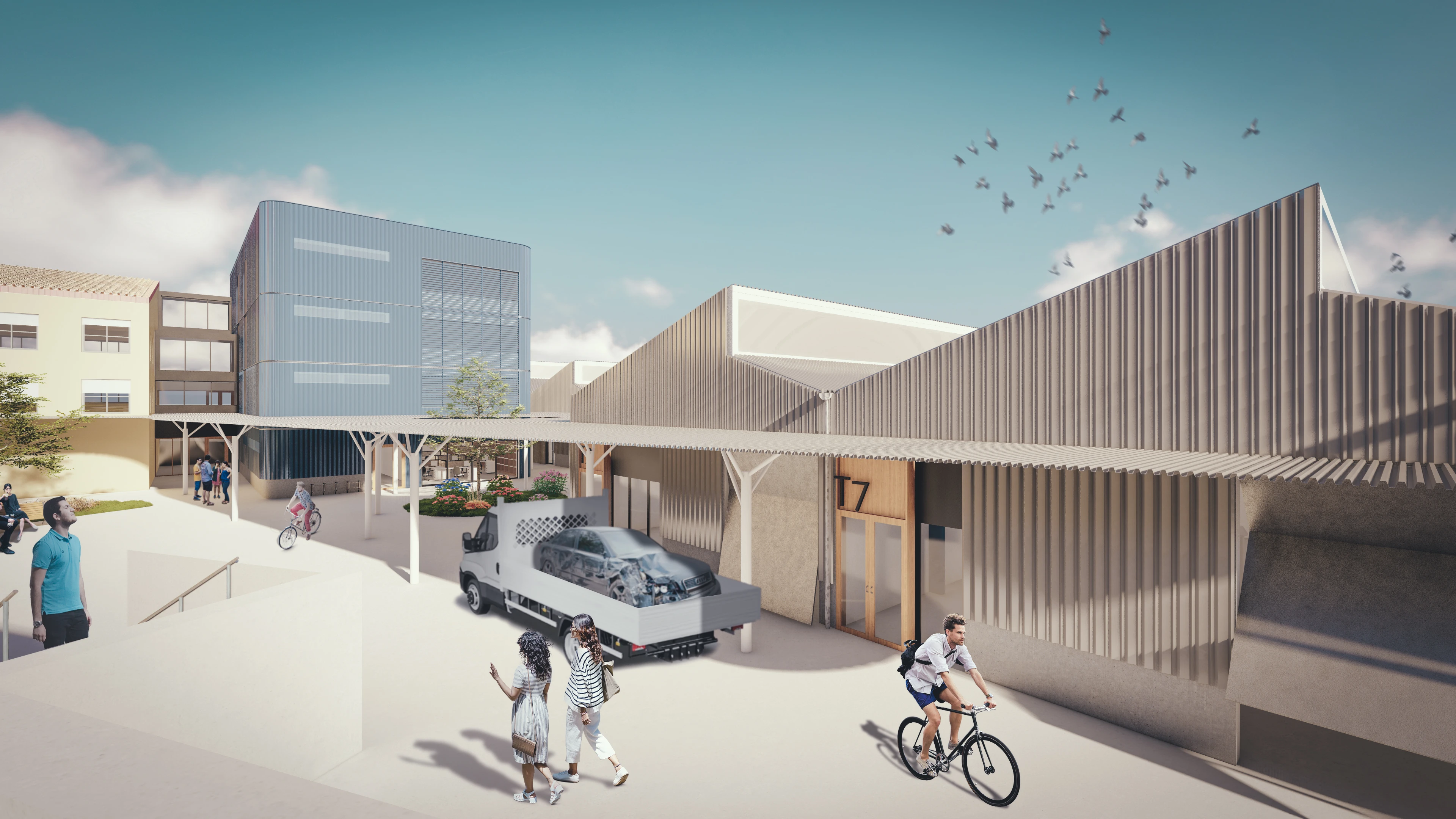 Render exterior de fachada principal con celosías de madera, viandantes y ciclistas.